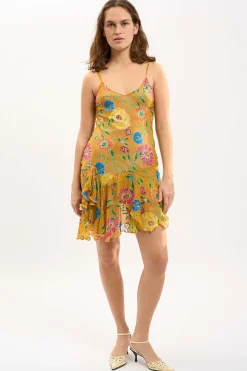 MaisonCléo Robes>LA BADOULE LOOK 8 – Robe ELYNA asymétrique en soie jus d&rsquo;orange à fleurs et sequins