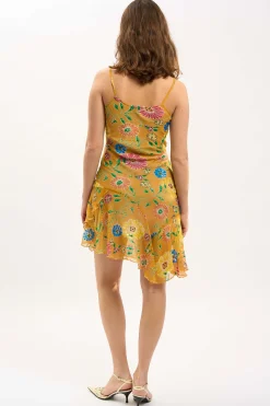 MaisonCléo Robes>LA BADOULE LOOK 8 – Robe ELYNA asymétrique en soie jus d&rsquo;orange à fleurs et sequins