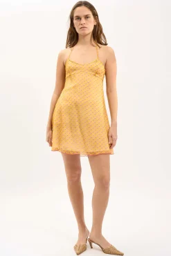 MaisonCléo Robes>LA BADOULE LOOK 6 – Robe en mousseline de soie jaune à coeurs roses ALICE