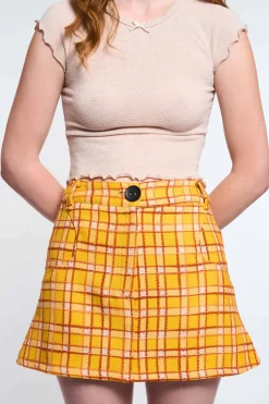 MaisonCléo Jupes>LA POUPETTE DÉFILÉ LOOK 21 – Mini jupe jaune tartan trapèze MAE