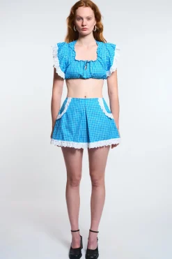 MaisonCléo Jupes>LA POUPETTE DÉFILÉ LOOK 1 – Mini jupe ADENOR plissée bleu azur vichy avec broderies