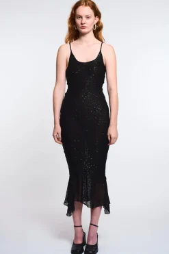 MaisonCléo Robes|Mailles>LA POUPETTE DÉFILÉ LOOK 30 – Robe longue sirène TRISTANA tricotée noire avec fil à sequins
