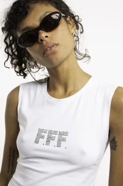 MaisonCléo Tops>Le débardeur FFF en strass argenté blanc en coton