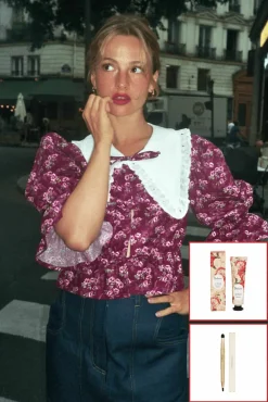 MaisonCléo Blouses>« Le Pack Cute » : MAISONCLÉO X YOLAINE PARIS : Blouse Angèle + rouge à lèvres Daphné + pinceau + accessoire cheveux