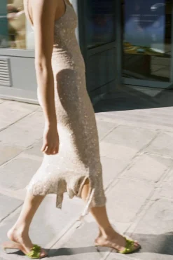 MaisonCléo Robes|Mailles>Longue robe sirène tricotée à sequins marrons clairs