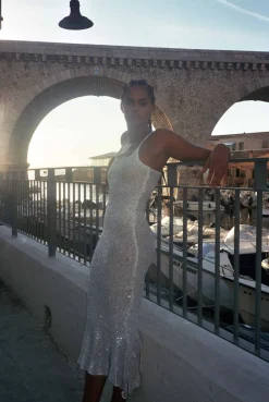 MaisonCléo Robes|Mailles>Longue robe sirène tricotée à sequins blanche neige