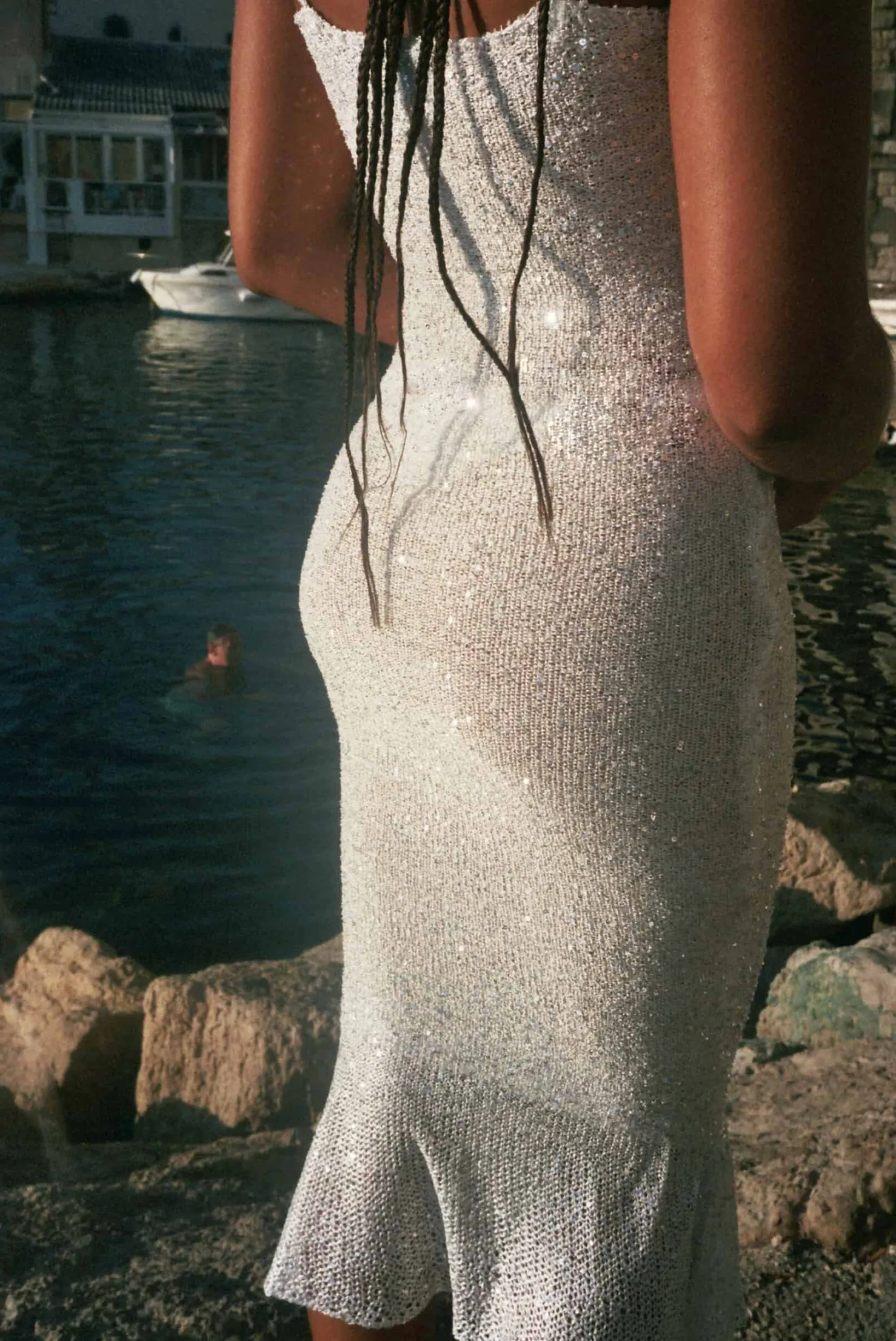 MaisonCléo Robes|Mailles>Longue robe sirène tricotée à sequins blanche neige