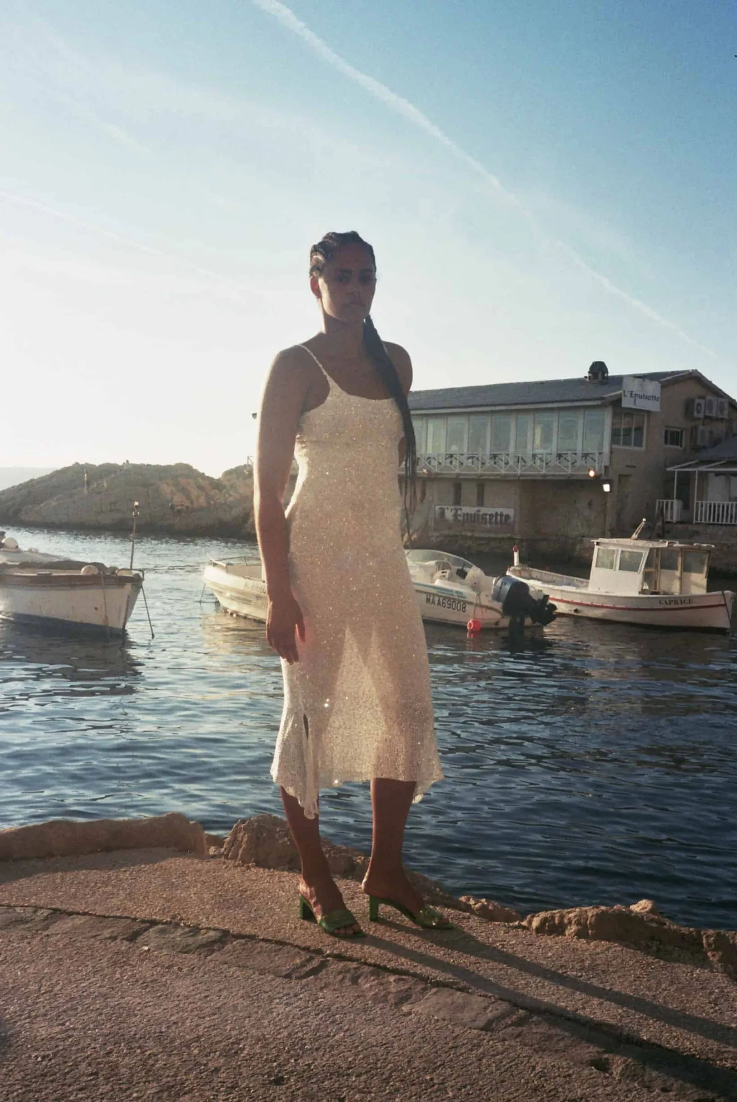 MaisonCléo Robes|Mailles>Longue robe sirène tricotée à sequins blanche neige