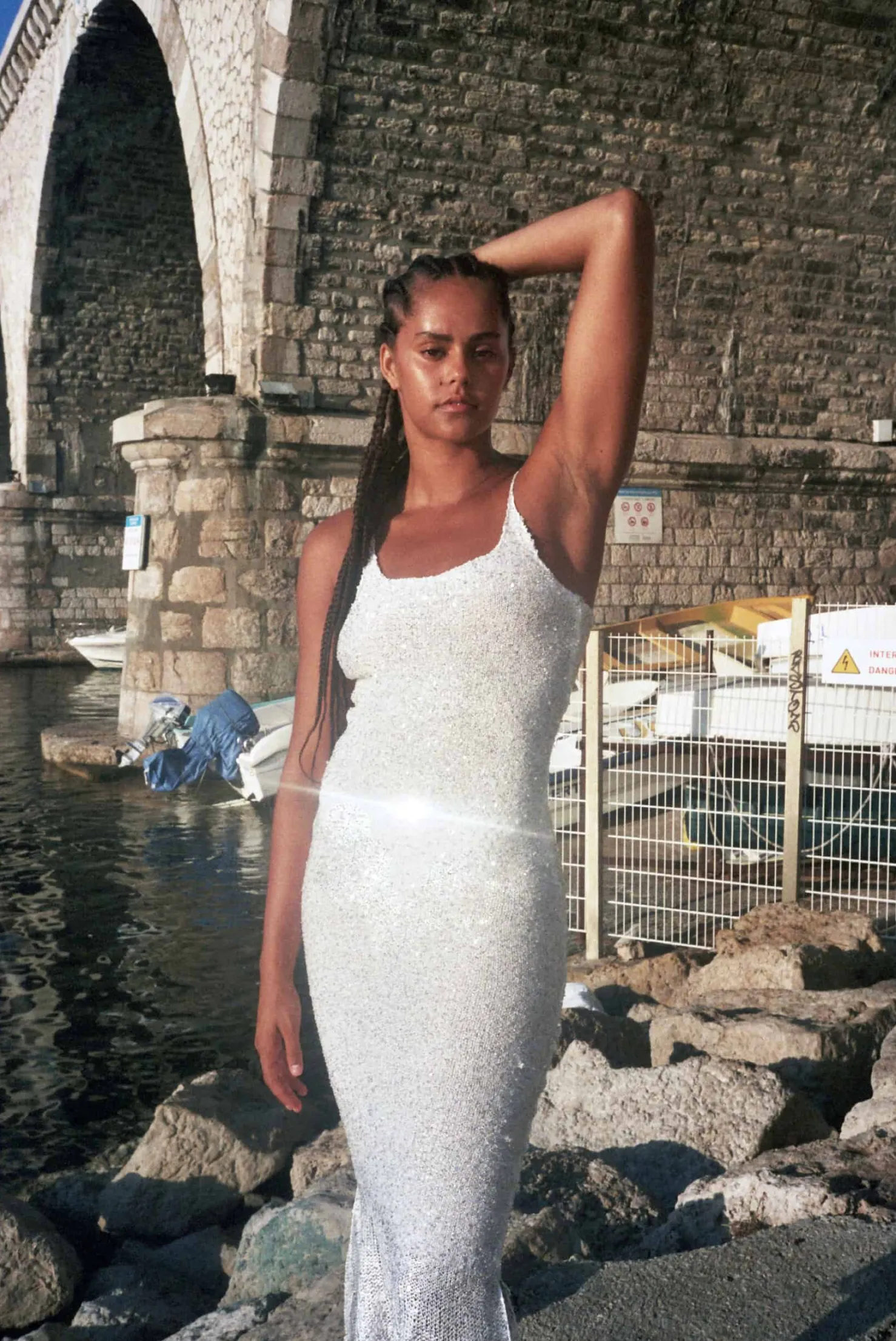 MaisonCléo Robes|Mailles>Longue robe sirène tricotée à sequins blanche neige