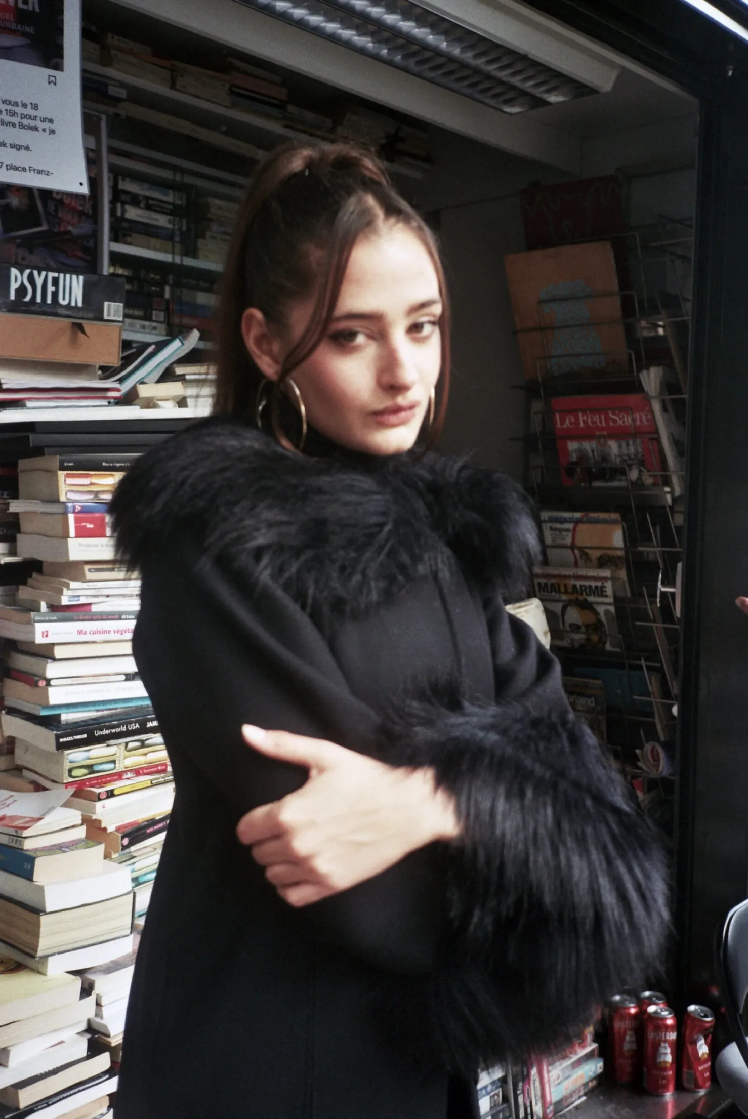 MaisonCléo Vestes / Manteaux>Manteau noir en laine épaisse avec fausse fourrure noire FANNY