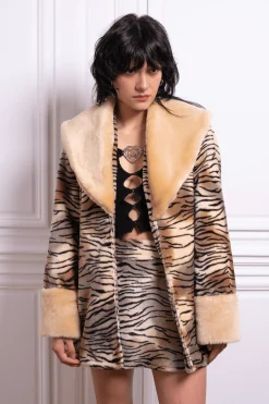 MaisonCléo Vestes / Manteaux>Manteau tigre en laine douce avec fausse fourrure beige CHLOE