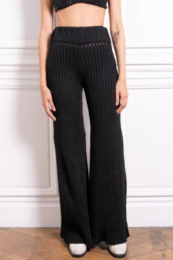 MaisonCléo Mailles|Pantalons / Shorts>Pantalon en maille côtelées flare noir tricoté TERESA
