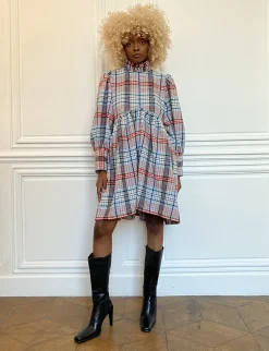 MaisonCléo Robes>Robe à carreaux bleus en laine mélangée JOSEPHA