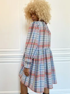 MaisonCléo Robes>Robe à carreaux bleus en laine mélangée JOSEPHA