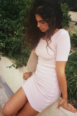 MaisonCléo Robes|Mailles>Robe BELITA rose pâle tricotée en mohair et soie
