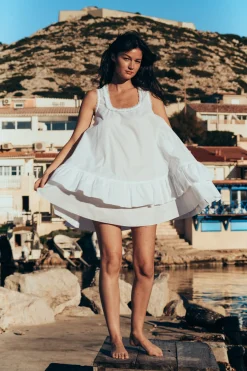 MaisonCléo Robes>Robe CORA babydoll oversize en coton blanc et dentelle volantée