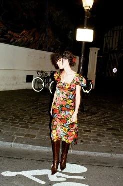 MaisonCléo Robes>Robe en mousseline de soie fluide fleurie multicolore NINE