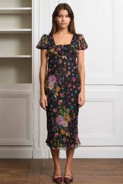 MaisonCléo Robes>Robe en mousseline de soie fluide fleurie multicolore NINE
