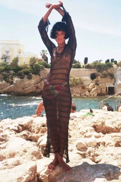 MaisonCléo Robes|Mailles>Robe longue de plage crochet en coton noir avec motifs fleurs