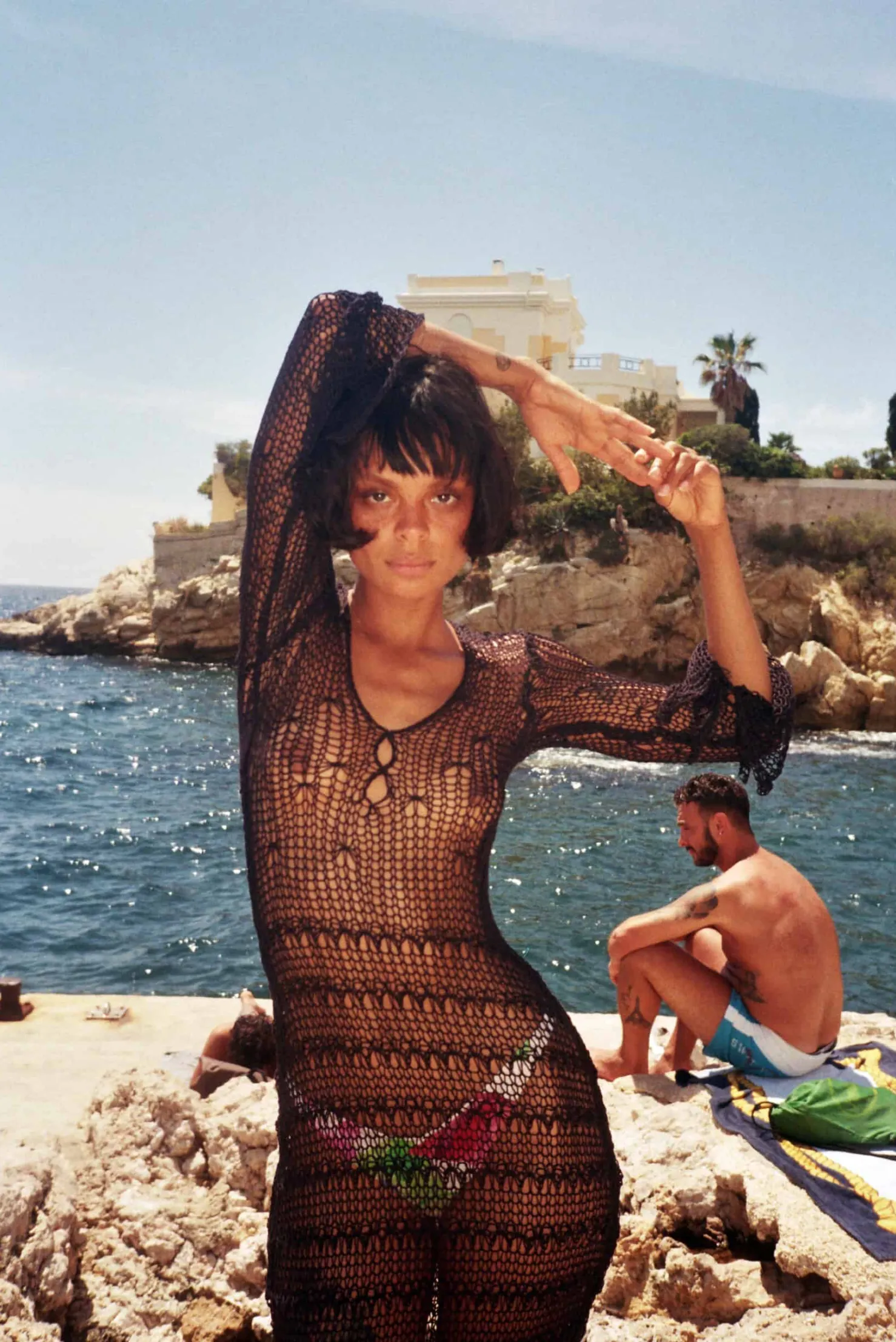 MaisonCléo Robes|Mailles>Robe longue de plage crochet en coton noir avec motifs fleurs