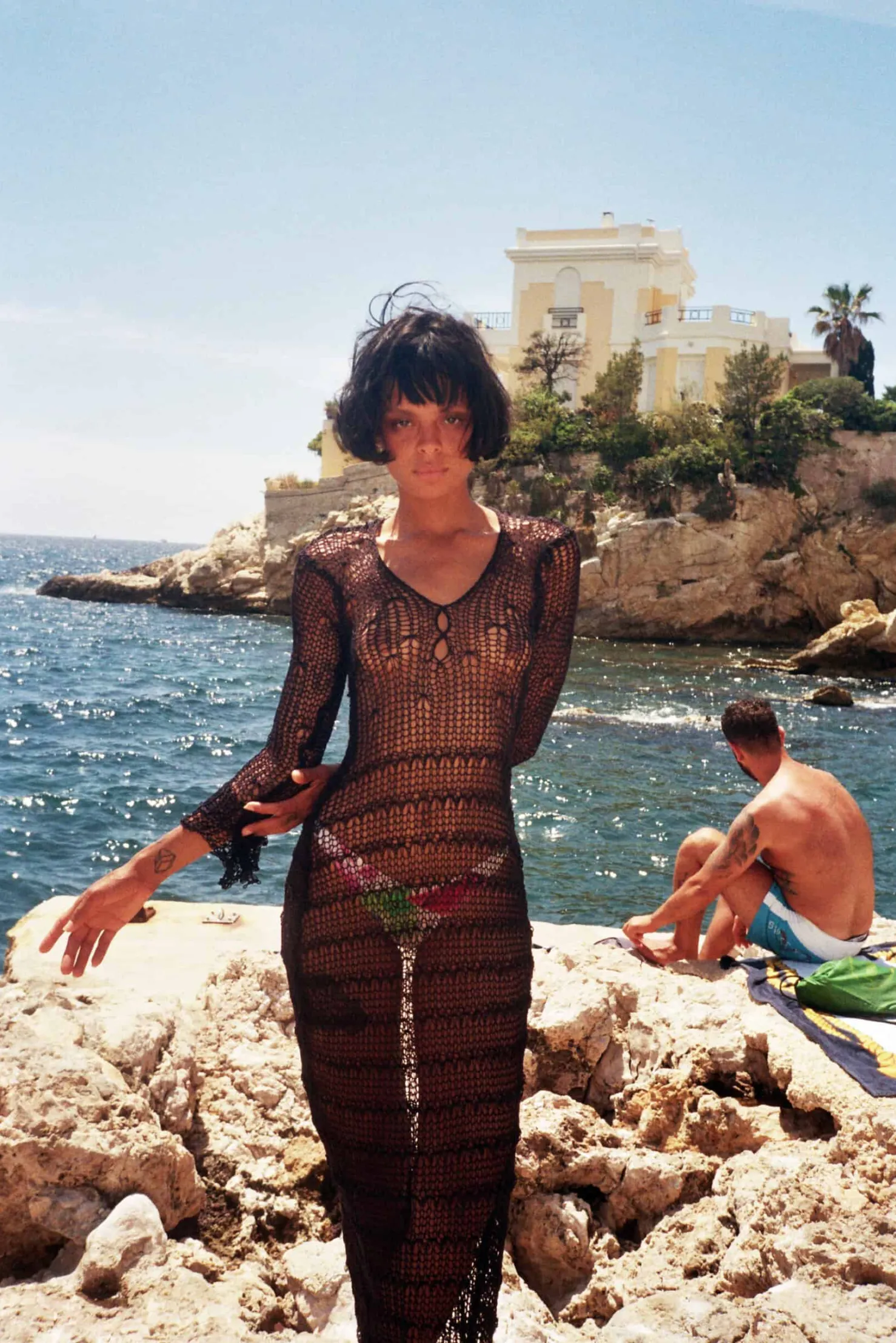 MaisonCléo Robes|Mailles>Robe longue de plage crochet en coton noir avec motifs fleurs
