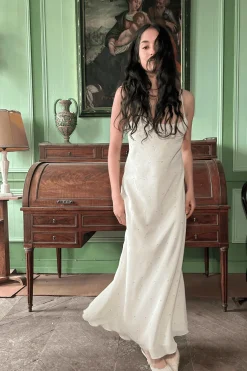 MaisonCléo Robes>Robe longue JIMENA en mousseline de soie fleurie beige