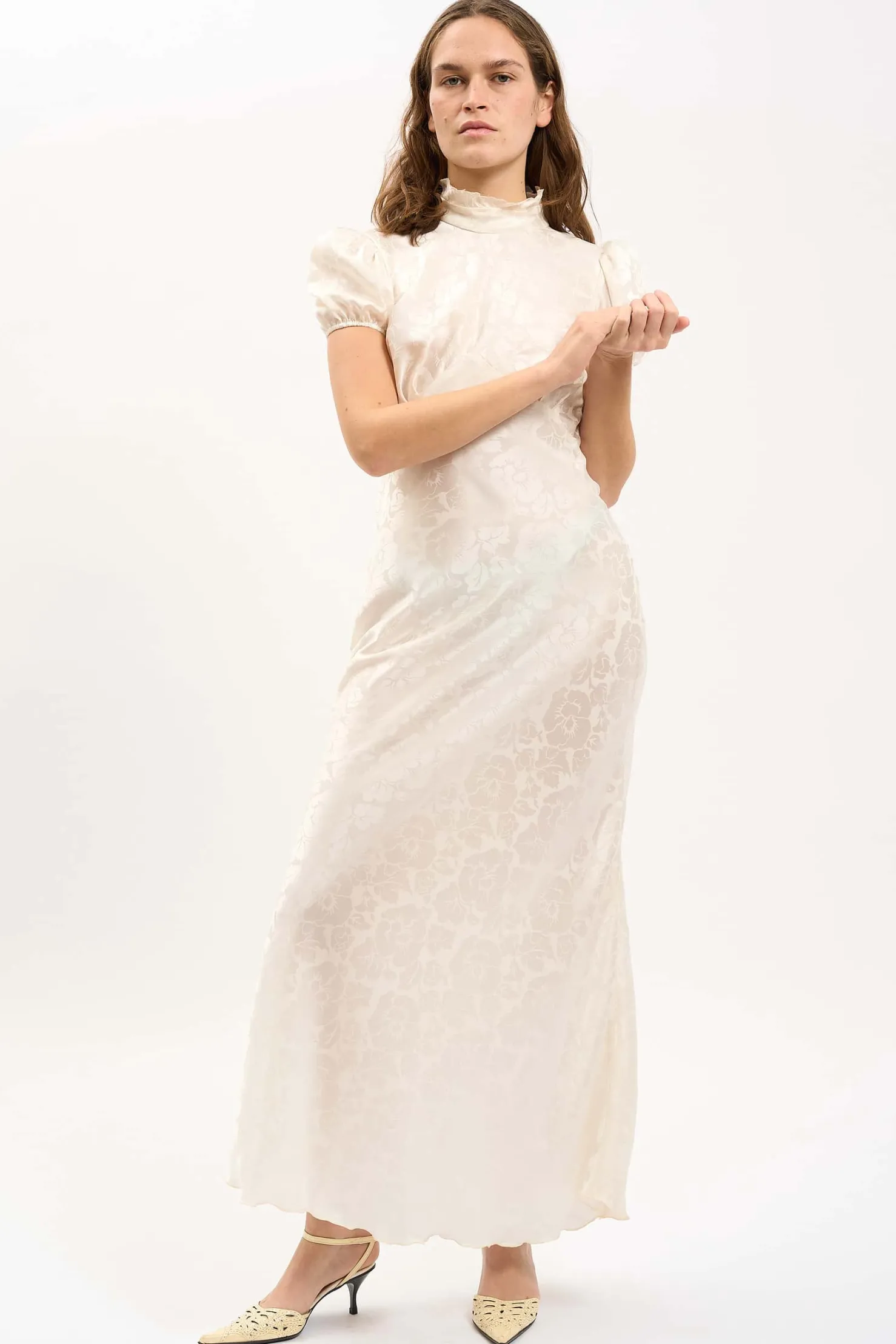 MaisonCléo Robes>Robe longue romantique MORANE en soie doré jacquard