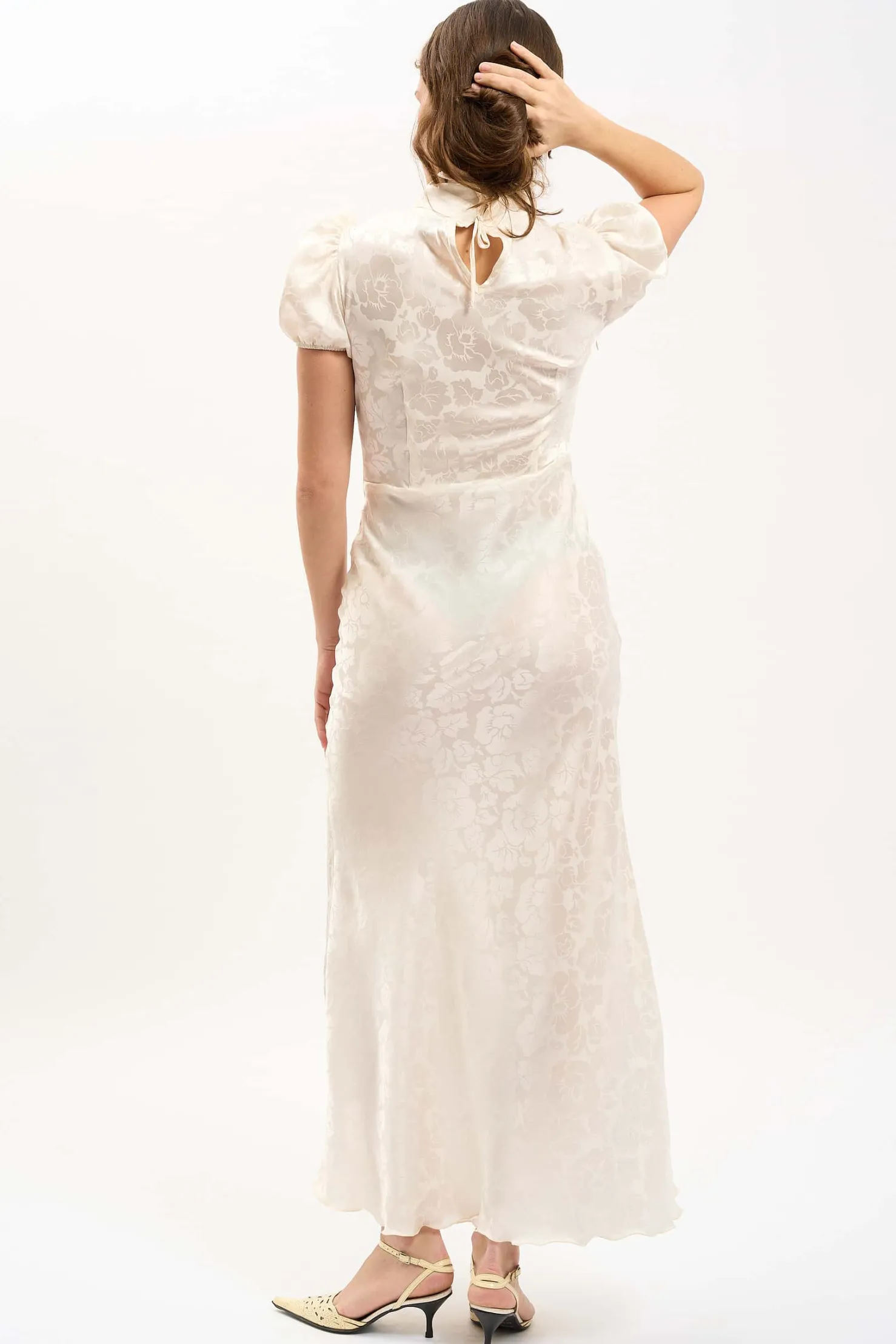 MaisonCléo Robes>Robe longue romantique MORANE en soie doré jacquard