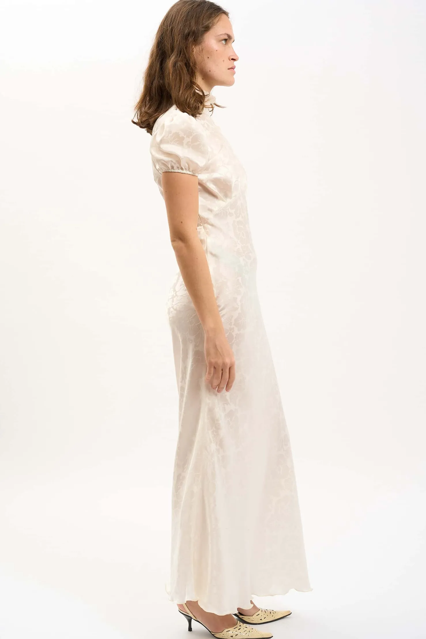 MaisonCléo Robes>Robe longue romantique MORANE en soie doré jacquard