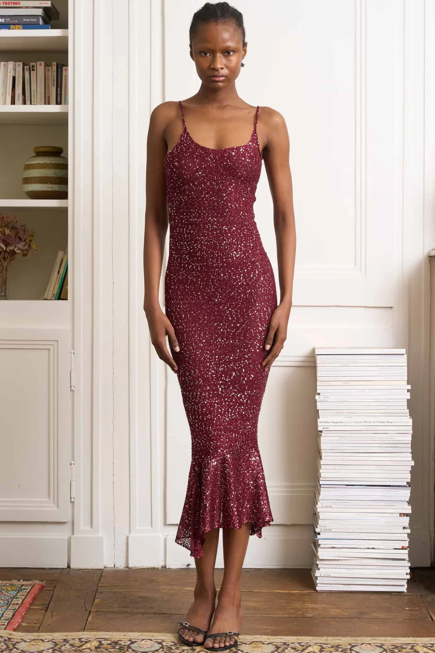 MaisonCléo Robes|Mailles>Robe longue sirène TRISTANA tricotée bordeaux avec fil à sequins – Capsule L’AMOUR