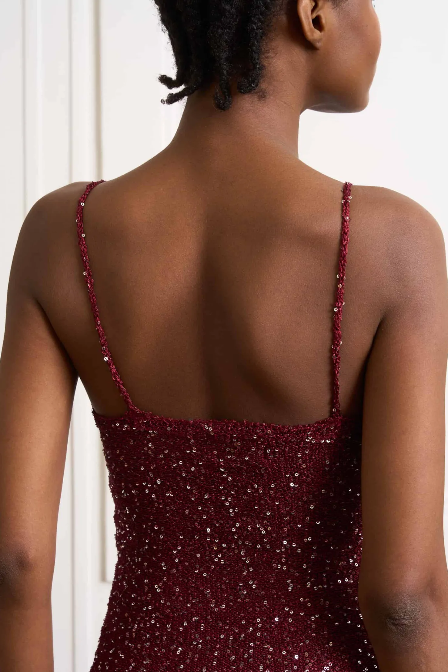 MaisonCléo Robes|Mailles>Robe longue sirène TRISTANA tricotée bordeaux avec fil à sequins – Capsule L’AMOUR