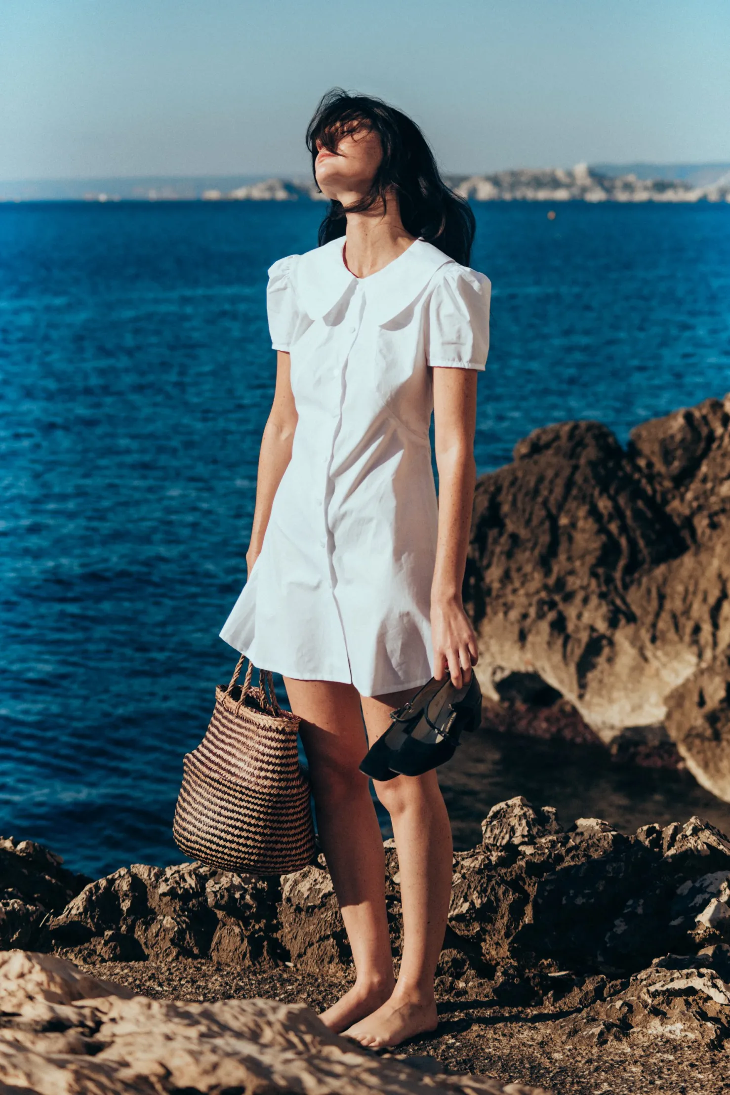MaisonCléo Robes>Robe MARIE évasée en coton blanc boutonnée avec col claudine