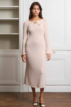 MaisonCléo Robes>Robe mini moulante en jersey beige avec lien en soie