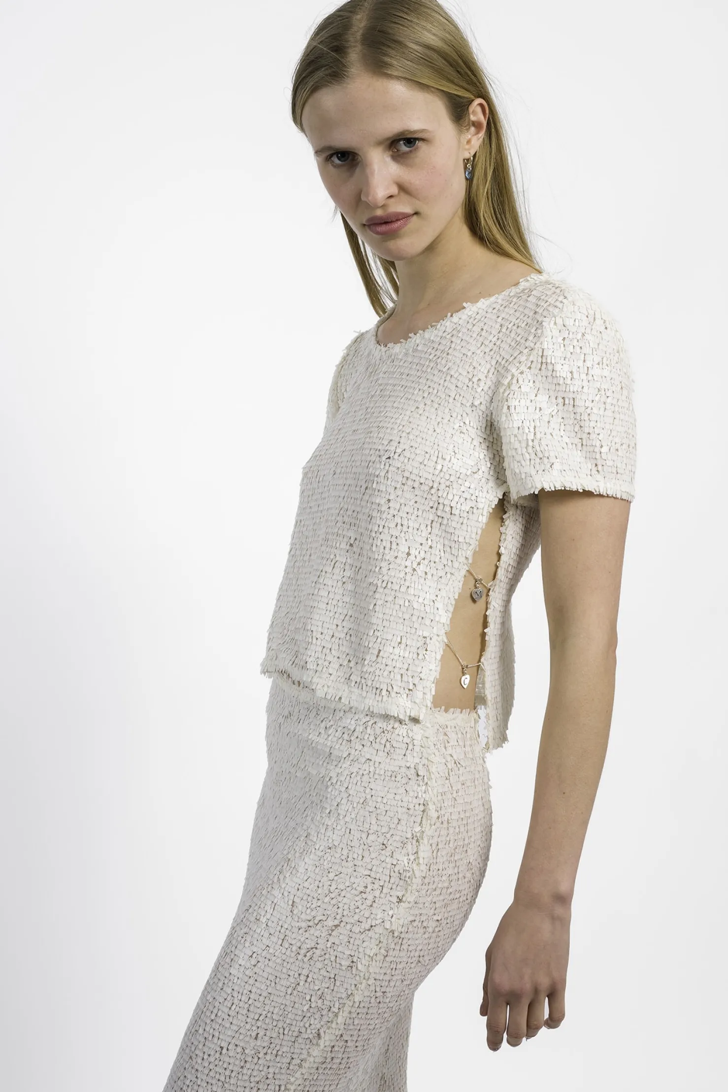 MaisonCléo Blouses|Tops>RUNWAY LOOK 47 – Top avec petites écailles sequins de sirène blanc cassé