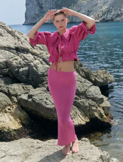 MaisonCléo Jupes>SS22 RUNWAY LOOK 18 – Jupe longue tube rose fuschia peau de sirène