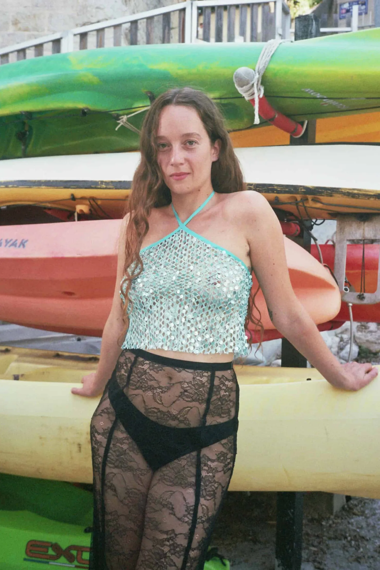 MaisonCléo Tops>Top dos nu à sequins brillants vert corail