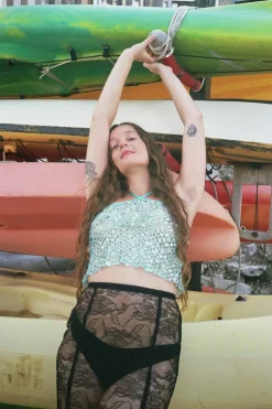 MaisonCléo Tops>Top dos nu à sequins brillants vert corail
