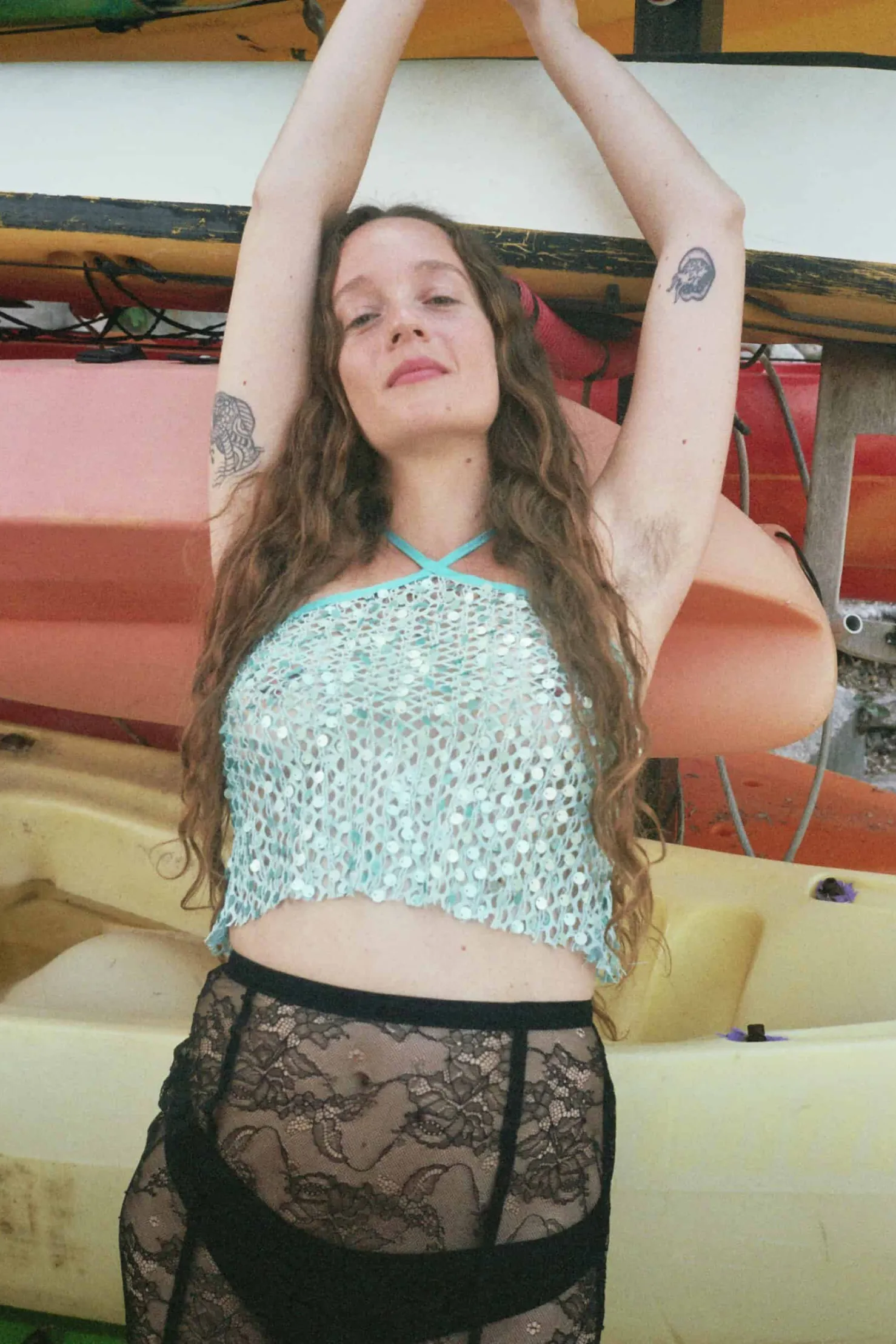 MaisonCléo Tops>Top dos nu à sequins brillants vert corail
