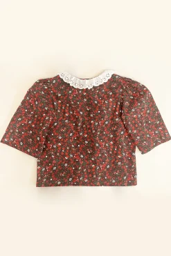 MaisonCléo Blouses>VALENTINES – Blouse AGNES en coton roses rouges et broderie anglaise