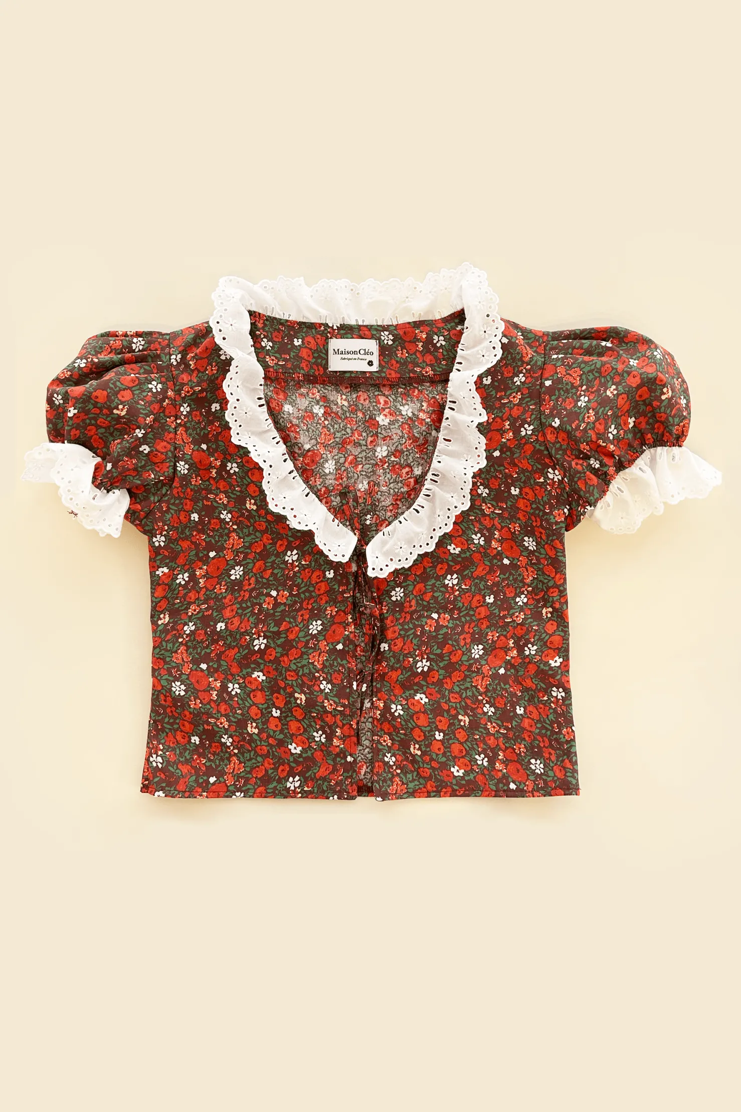 MaisonCléo Blouses|Tops>VALENTINES – Blouse VANESSA en coton roses rouges et broderie anglaise