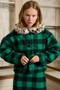 MaisonCléo Vestes / Manteaux>Veste à carreaux vert en laine col leopard ESTELLE