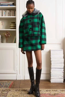 MaisonCléo Vestes / Manteaux>Veste en laine à carreau noir et vert avec col en fausse fourrure gris