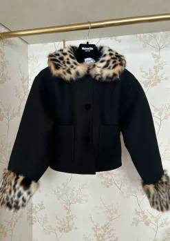 MaisonCléo Vestes / Manteaux>Veste en laine noire fausse fourrure leopard ESTELLE